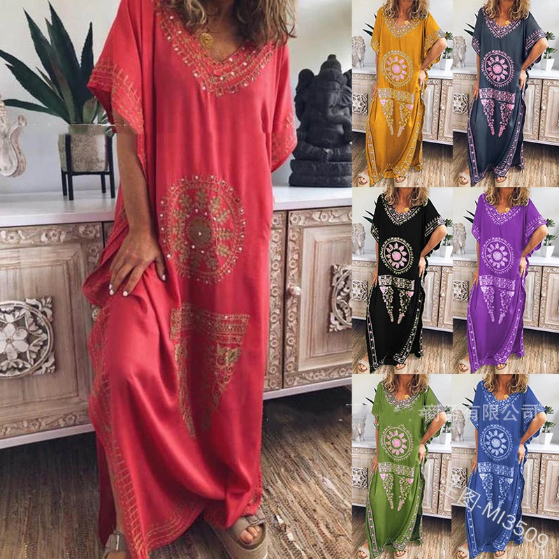 Summer Dress Women Fashion Printed Short Sleeve V-neck Side Slit Loose Plus Size for LUGENTOLO | Женская одежда