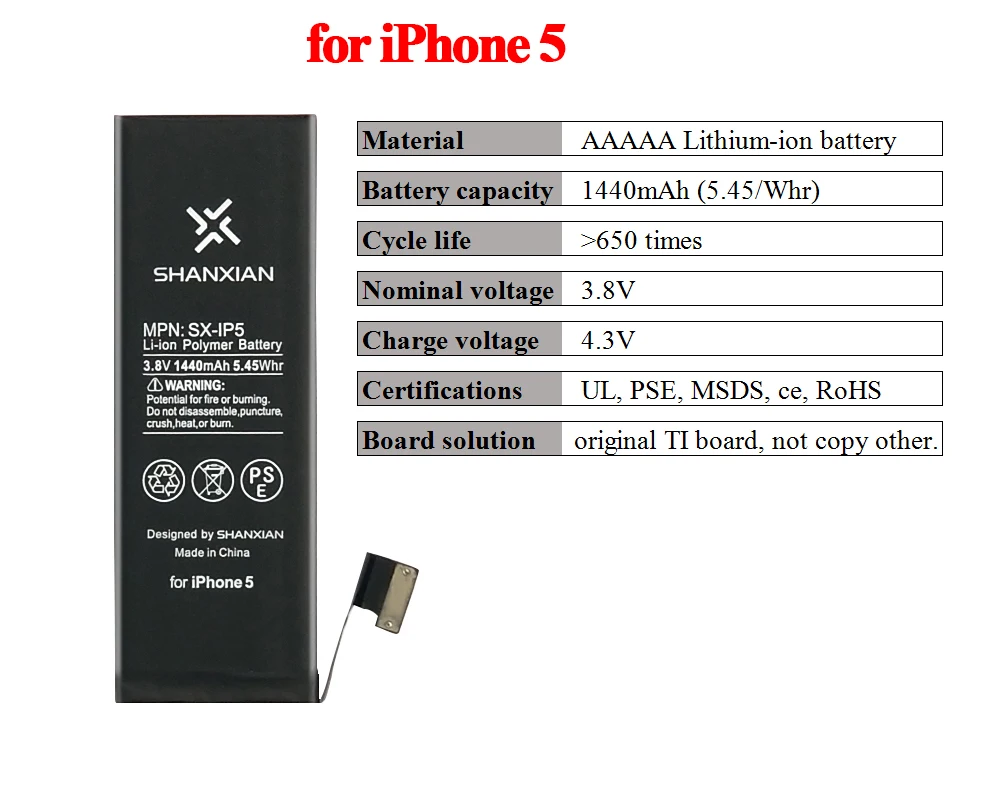 SHANXIAN Сменный аккумулятор для iPhone 5 SE 6 7 8, высококачественный внутренний аккумулятор для мобильного телефона, полимерный литиевый аккумулятор, Бесплатные инструменты