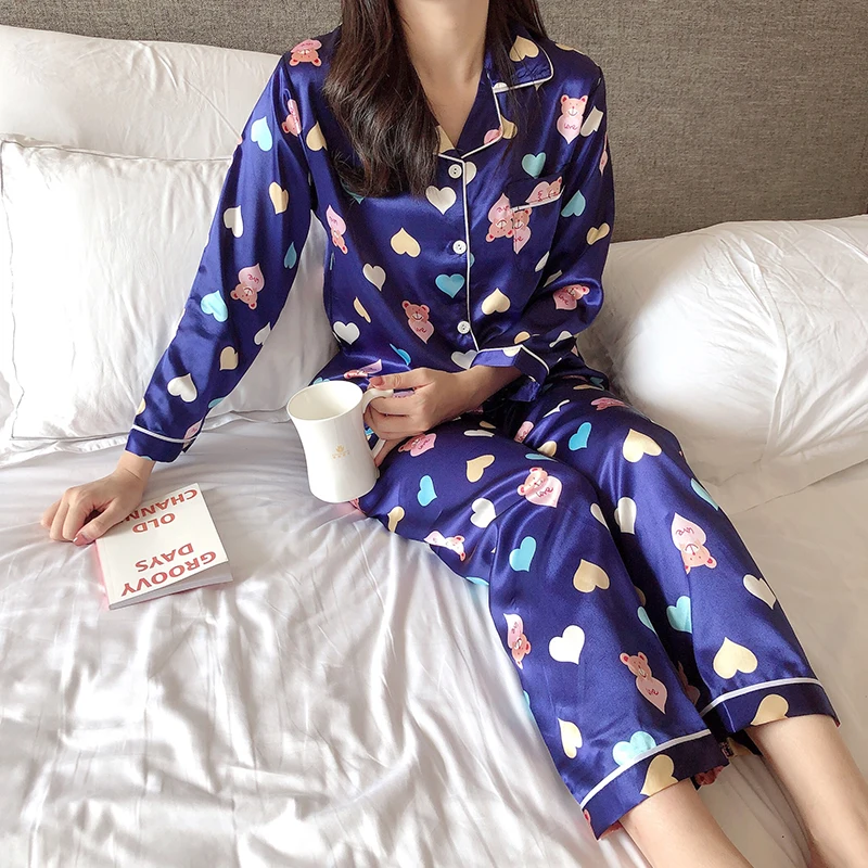 Женская одежда 2019, осенняя Шелковая пижама с длинными рукавами для женщин, модные пижамы с принтами, комплект домашней одежды, длинные