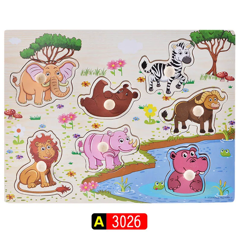 Big Size Baby Montessori Wooden Puzzle Hand Grab Board Set Educational Toys Infantil Cartoon number letter Math Puzzle kids Gift 7