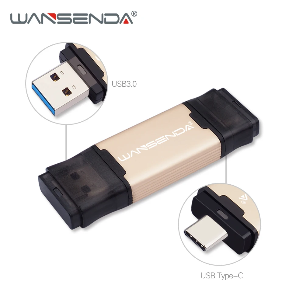 WANSENDA OTG USB 3,0 type-C USB флеш-накопитель 512 ГБ 256 ГБ флеш-накопитель для ПК type C 128 Гб 64 ГБ 32 ГБ 16 ГБ Флешка карта памяти - Цвет: Золотой