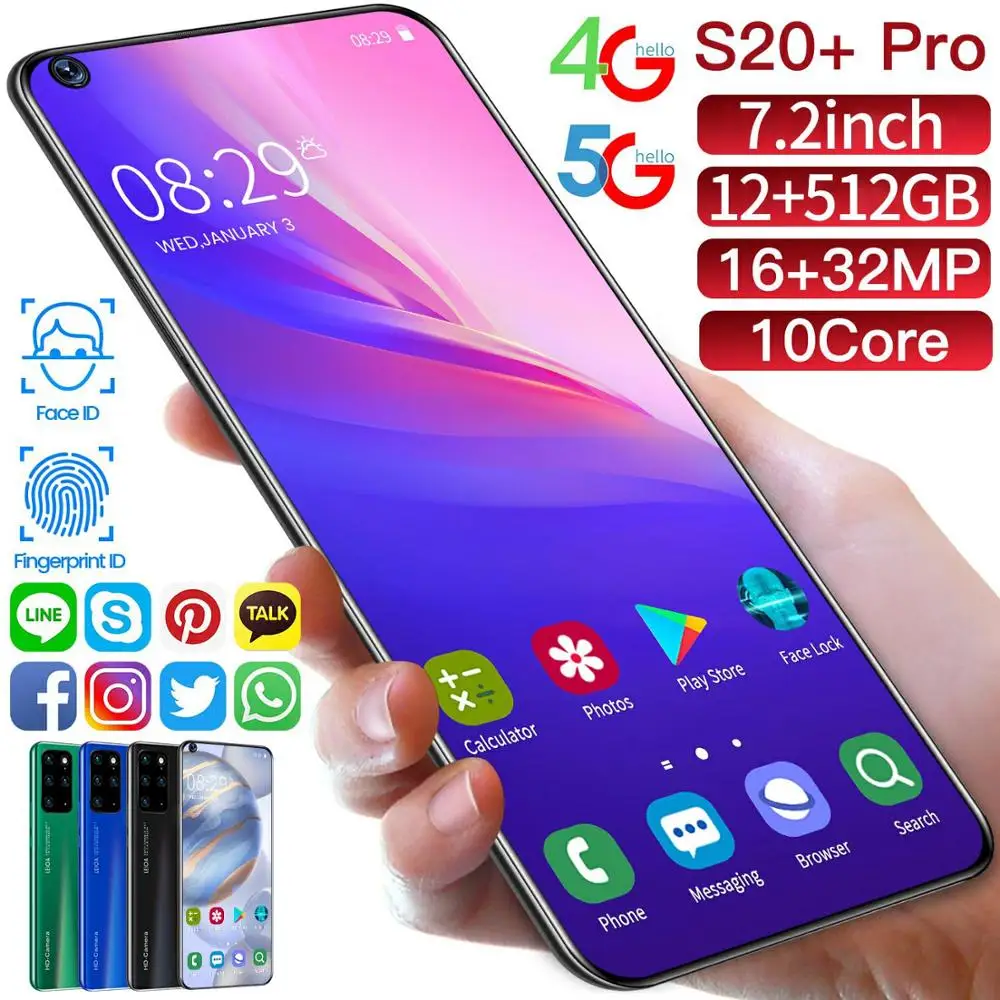 Global Version SmartPhone 7.2 Inch S20+ Pro Dual Card CellPhone Quad Camera Deca Core 12GB 512GB 4800mAh 32MP Unlocked | Мобильные