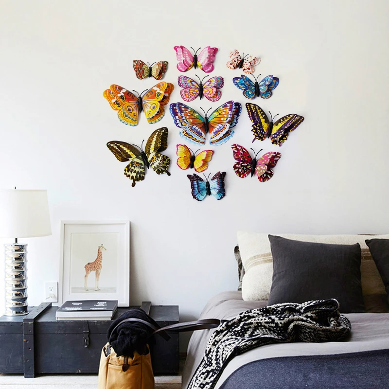 New style 12Pcs Double layer 3D Butterfly Wall Sticker on the wall Home Decor Butterflies for decoration Magnet Fridge stickers | Дом и сад