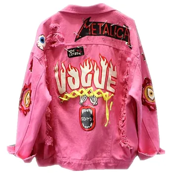 

Jeans Jacket New Spring Autumn Women's Graffiti Alphabet Printing Lace Bow Pin Hole Denim Jacket Student Basic Coat 2064