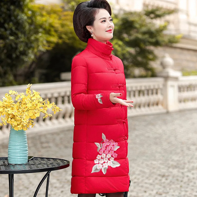 

2019 Winter New Style Cotton Coat Women's Middle Long Coat Ethnic-Style Cotton-padded Jacket Young Middle-aged Women Dress Thick