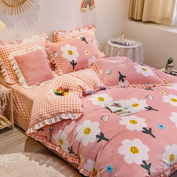 

4pcs High-quaility Mike Velvet Bedding Set Flower Pattern Duvet Bed Cover Soft Comforter Bed Skirt Bedsheets Free Pillowcases