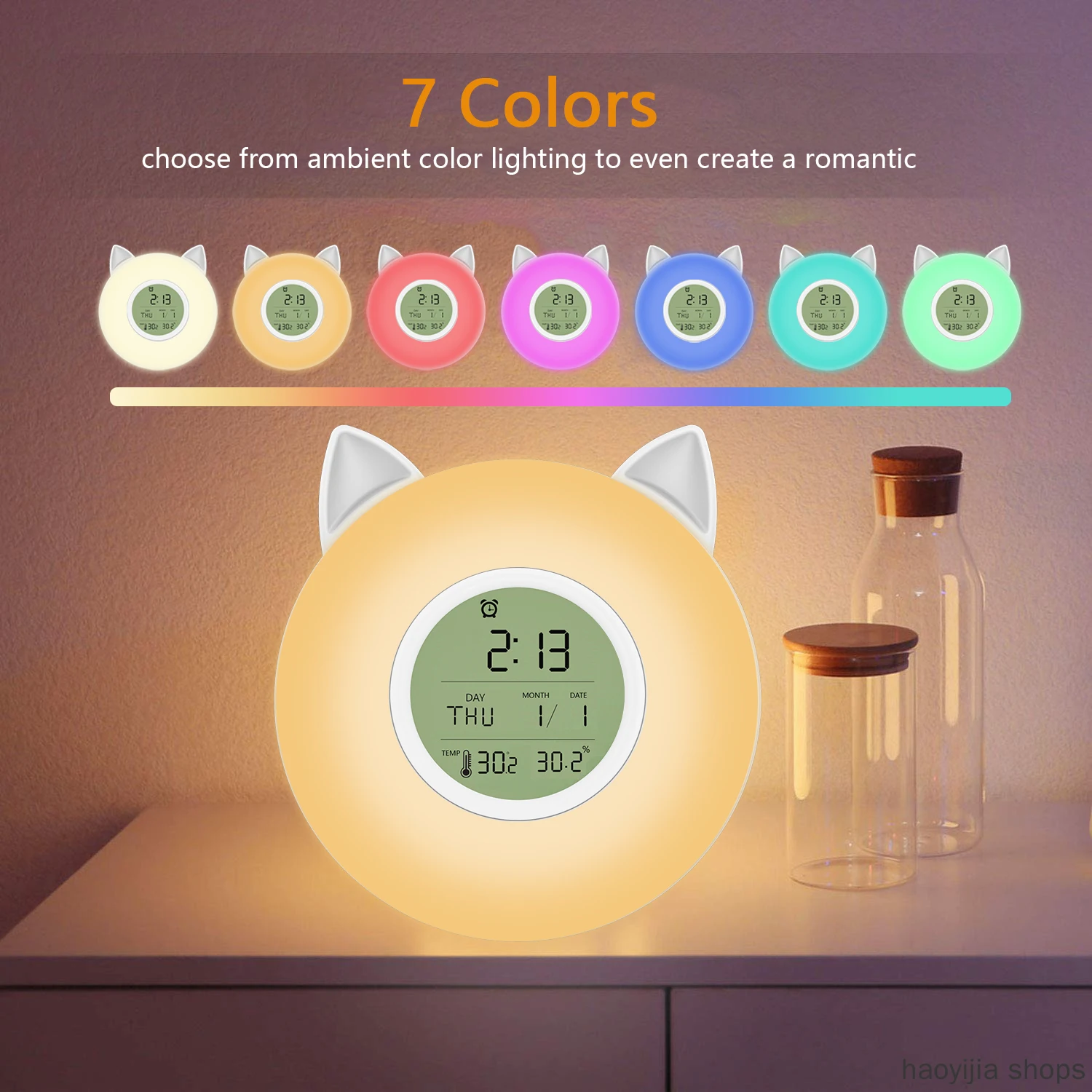 

New product LCD music FM radio 3 brightness 7 color alarm clock hygrometer multi-function wake-up light night light fashion