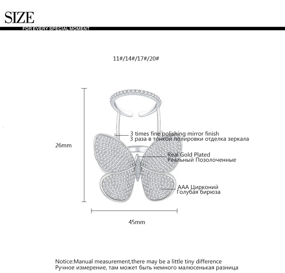 LUOTEEMI, роскошные, уникальные, активные, с бабочкой, со сверкающим прозрачным кубическим цирконием, вымощенные, модные кольца на кастет для женщин, свадебный подарок