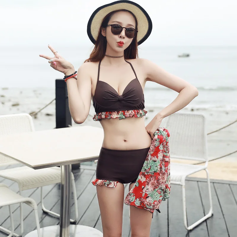 

Bathing Suit Women's Split Type High-waisted Bikini Three-piece Set Size Chest Push up Large Size Belly Covering Hot Springs Tou