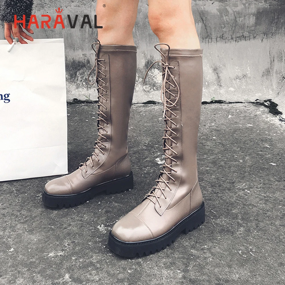 

HARAVAL Classic Woman Winter Long Boot High Quality Genuine Leather Round Toe Thick Heel Shoes Solid Lace-up Casual Boots B212