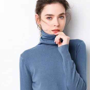 

New autumn and winter ladies long-sleeved high-neck knitted solid color T-shirt