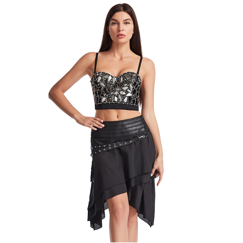 

Grey Beaded & Mirror Women Brassiere Push Up Crop Top Sexy Bralette Gothic Steampunk Two Piece Bra And Skirt Set Night Club Wear