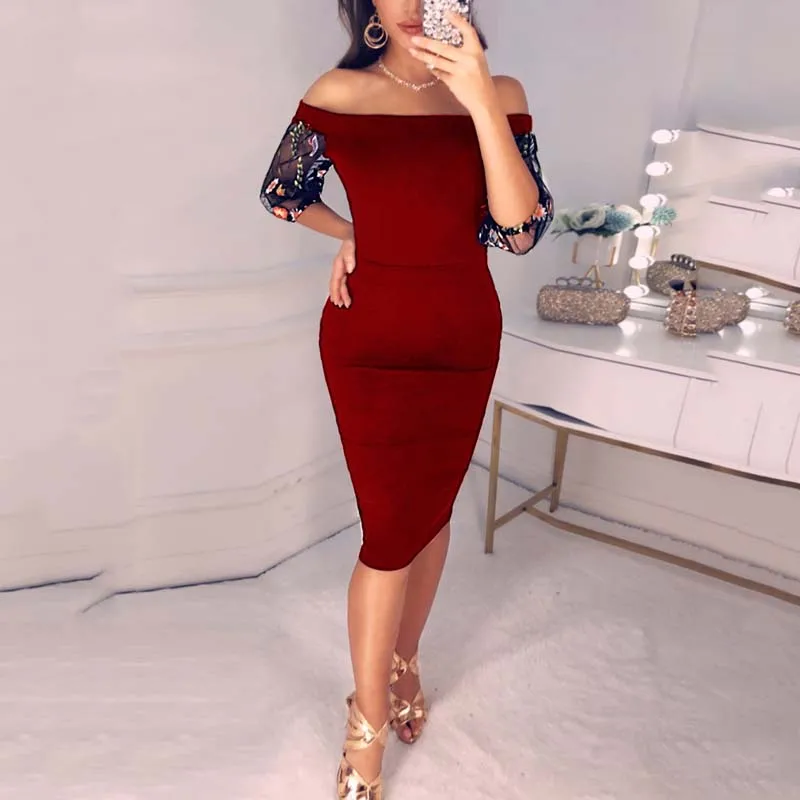 Женское сексуальное платье миди с вышивкой и буфами на рукавах, кружевное платье-футляр с коротким рукавом длиной до колена, элегантное вечернее платье - Цвет: Красный