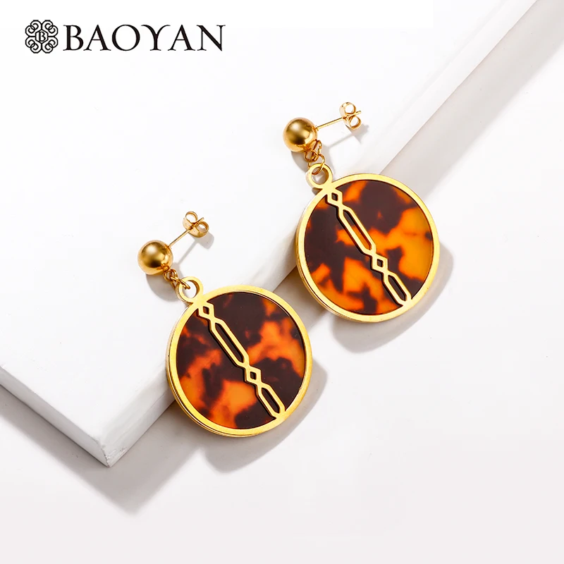

Baoyan Kroean Earring For Women Gold Leopard Acrylic Stainless Steel Circle Round Women Earring Fashion Jewelry 2019 Oorringen