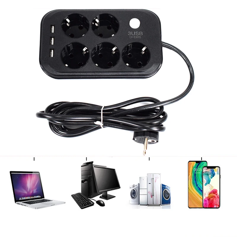 

New 2 Pin EU Power Strip 3 USB Charging 1.8M Extension Cord Socket Plug 5 Outlets Power Adapter 250V For Robot Vacuum Cleaner