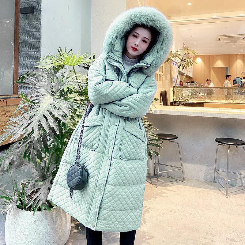 

Женский длинный пуховик с капюшоном, элегантная теплая куртка на белом утином пуху, с капюшоном и воротником из лисьего меха, зимний сезон JU1456