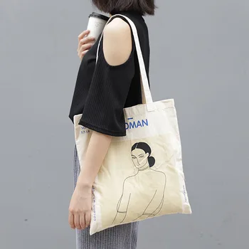 

Korean fashion thin canvas bag abstract figure pattern shoulder bag simple letter printed handbag shoulder bag