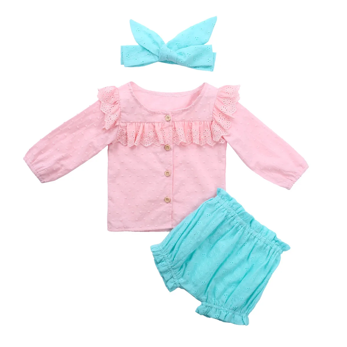 Hollow Floral Shirt Solid Shorts Outfits Baby Girls Clothes Summer Ruffle Long Sleeve Button Top Color Bottom Headband Set | Детская