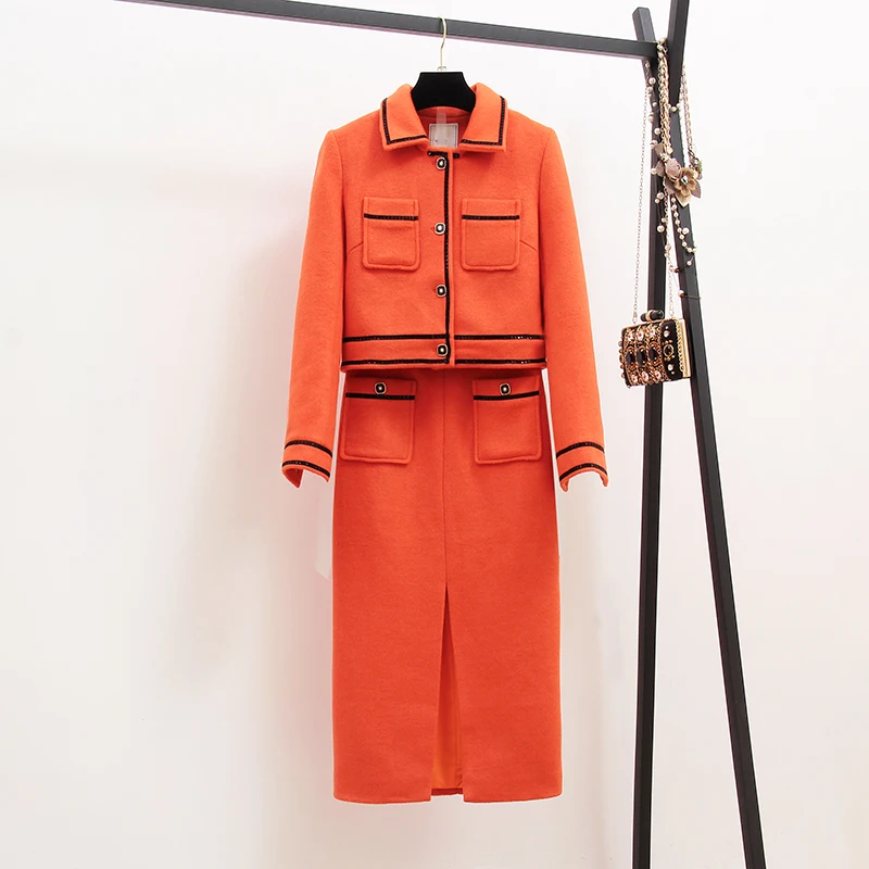 

HAMALIEL New 2019 Runway Fashion Two Piece Set Winter Women Orange Tweed Sequined Short Coat + Wool Bodycon Split Long Skirt Set