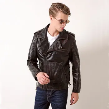 

New Autumn Motorycycle Cow Genuine Leather Jacket Men Slim Turn-dowm Collar Zipper Lace Up Vintage Moto Real Leather Jacket Male