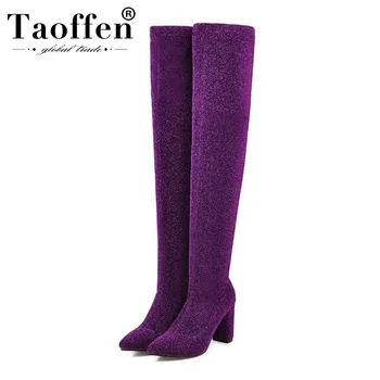 

Taoffen 4 Colors Plus Size 34-48 Woman Over The Knee Boots Pointed Toe Bling Winter Slip On Long Boots Sexy Lady Boots Footwear