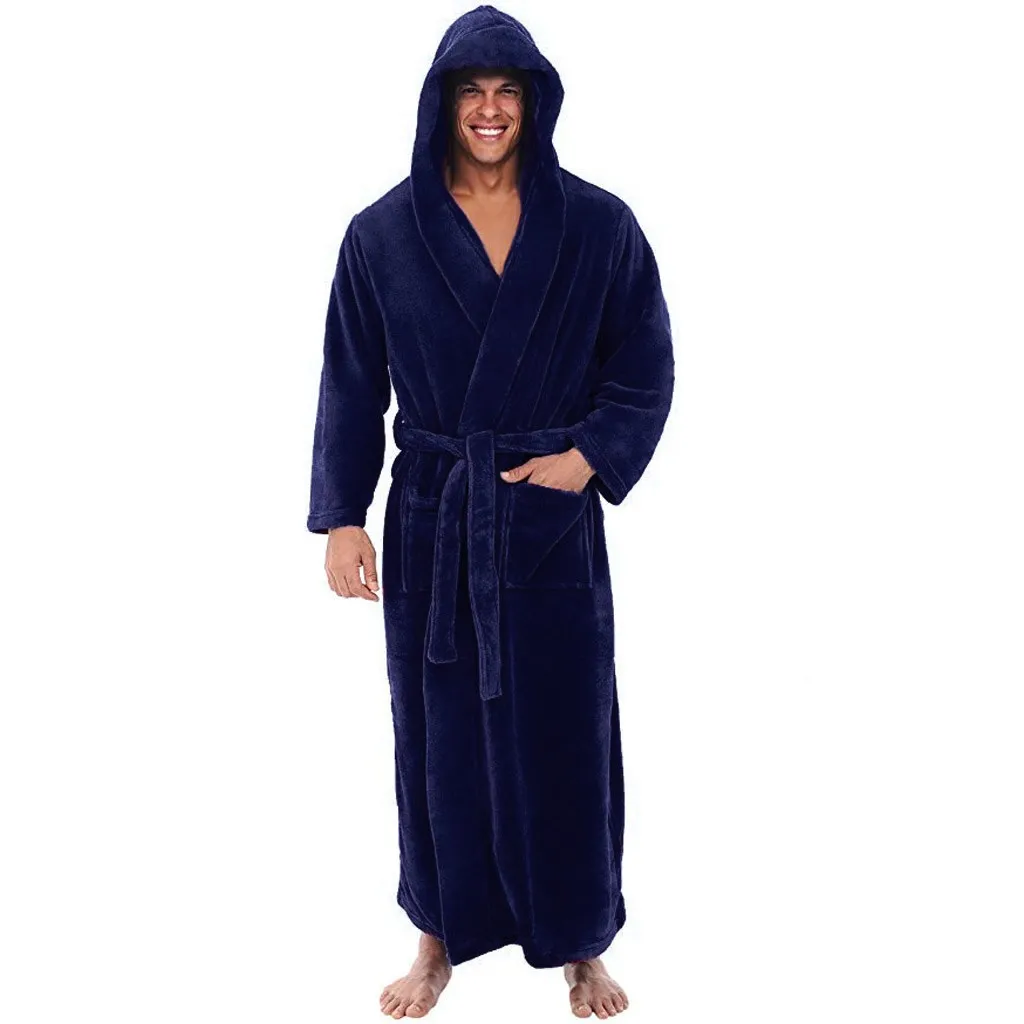 2019 New Style Bathrobe Men Winter Lengthened Plush Shawl Bathrobe Home Clothes Long Sleeved Pocket Comfortable Robe Bathrobe