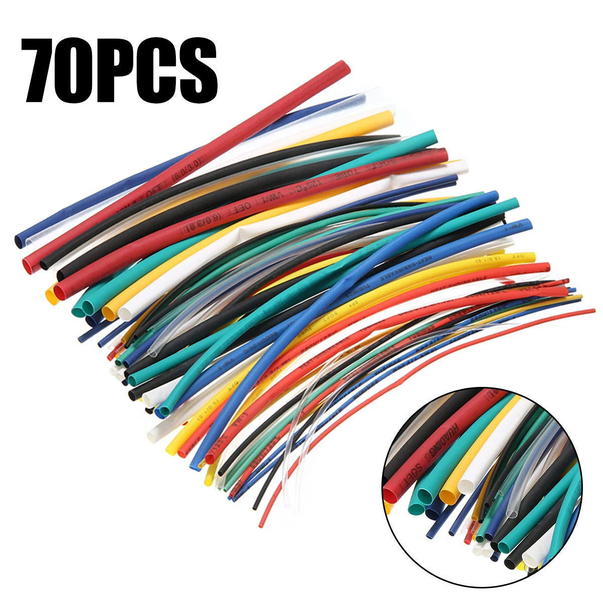 

70pcs 7 Sizes Assortment Polyolefin 2:1 Heat Shrink Tubing Sleeving Wrap Kit Insulation Sleeving Wiring Accessories