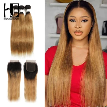 

Human Hair Bundle With Closure Peruvian Straight Remy Hair 1B 613/99J /BURG/30/27 Pre Colored Hair Weave Bundles HJ Weave Beauty