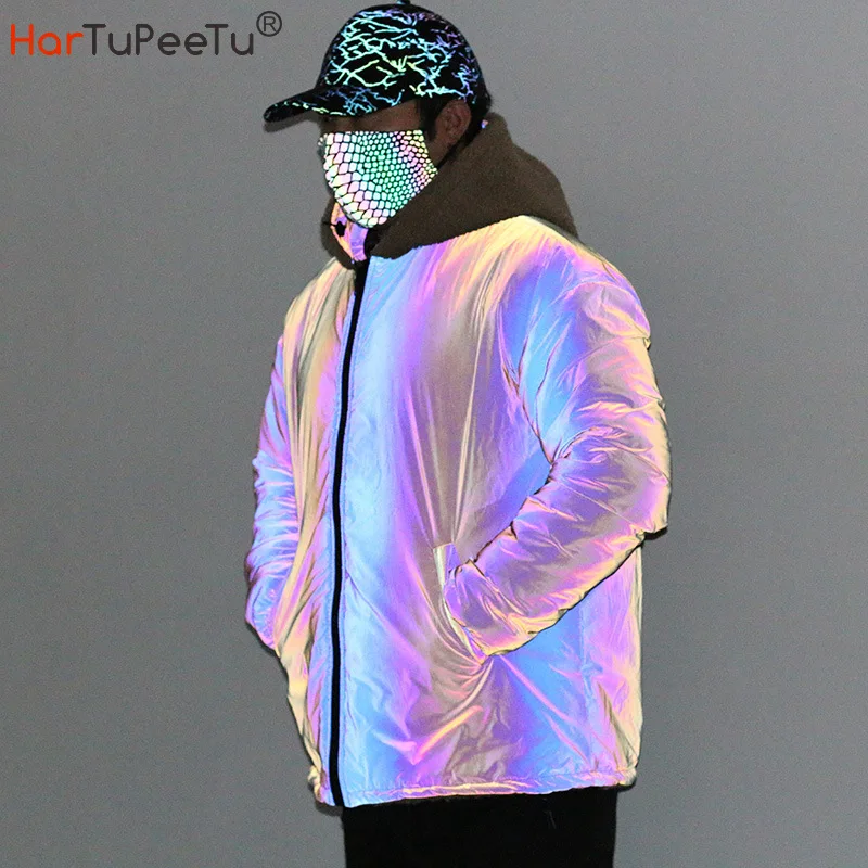 

2022 Winter Spring Men Reflective Rainbow Jacket Warm Faux Lamb Fur Plus Size Loose Patchwork Reversible Wear Thick Teddy Coat
