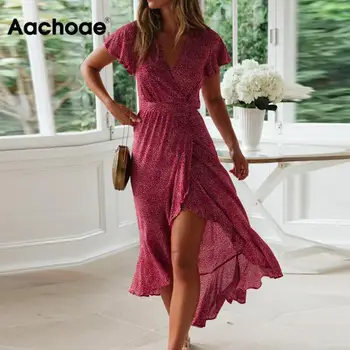 Aachoae verano playa vestido de las mujeres impresión Floral bohemio largo vestido de manga corta Boho estilo Maxi vestido veraniego con volantes Vestidos