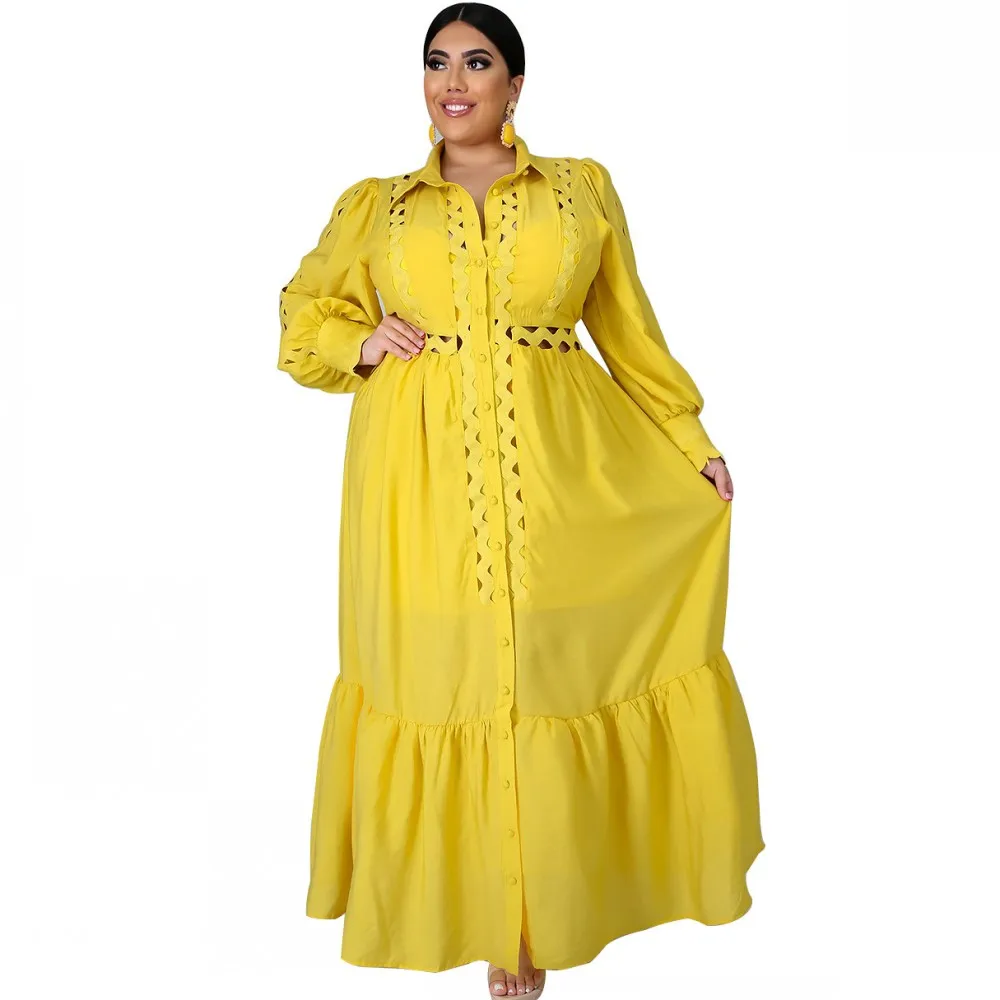 Plus Size Woman African Dress New Fashion Lace Stitching Drape Big Size Dress Long Sleeve Single Breasted Yellow Sexy Vestidos