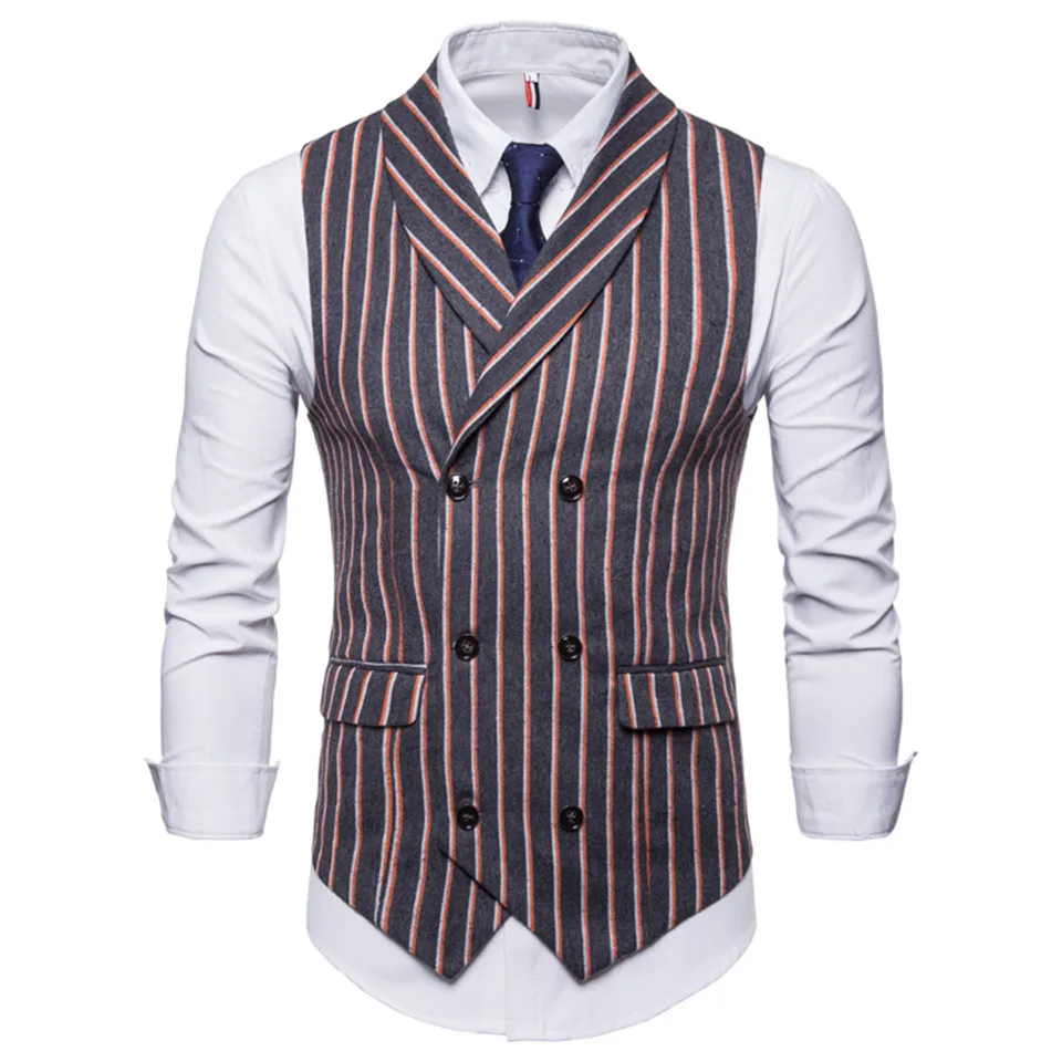 Mens Brand Clothes Business Vests Men Striped Causal Double-breasted Suit Vest Men's Vintage Waistcoat Plus Size