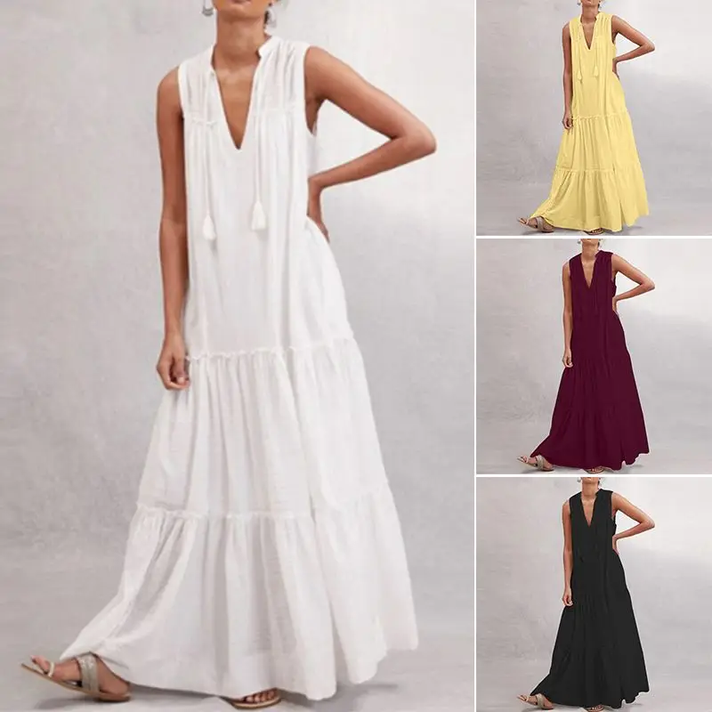 Сексуальное летнее платье с v-образным вырезом и рюшами, Vestidos, женский сарафан без рукавов, ZANZEA, Модное Длинное Макси женское платье халат, большие размеры S-5XL