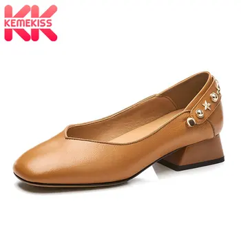 

KemeKiss Real Leather Women Pumps Ankle Strap Square Toe Shoes Women Shallow Thick Heel Casual Footwear Size 30-43