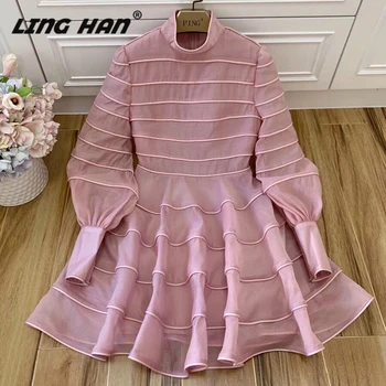 

LINGHAN Fashion Patchwork Mini Dress Elegant Stripe Lantern Sleeve Stand Dresses Designer Spring Summer New