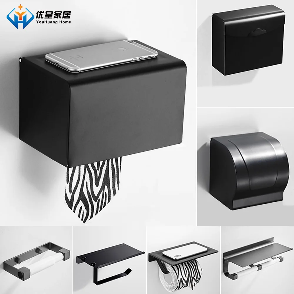 

Punch-Free Bathroom Accessories Black Apace Aluminum Tissue Holder Wall-Mounted Toilet Paper Box Phone Rack