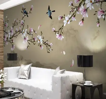 

CJSIR Magnolia Hand-painted Brush Flowers and Birds New Chinese Custom Wall Mural Green Wallpaper Papel De Parede Home Decor