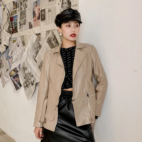 Genuine Leather Blazer Multicolor Highstreet Notched Neck Buckle Belted Solid Sheepskin Jacket Women Autumn Office Lady Outwear - Цвет: 1