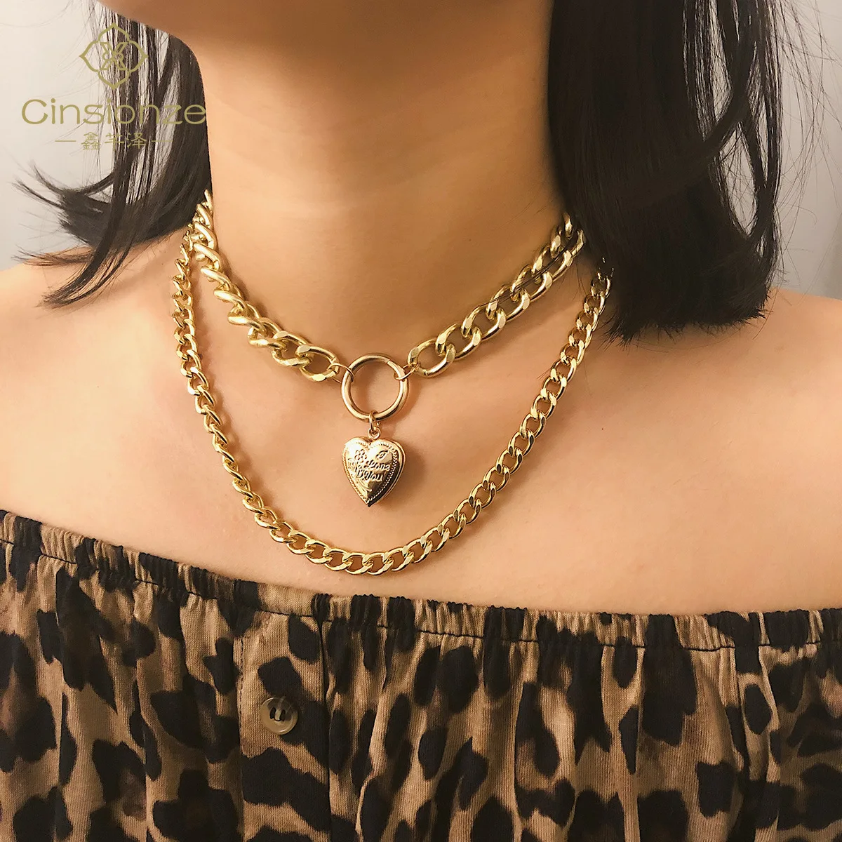 

Cinsionze Women's Fashion Punk Thick Golden Silver Chain Necklace Female Alloy Heart Shape Pendant Necklace Short Neck Chain