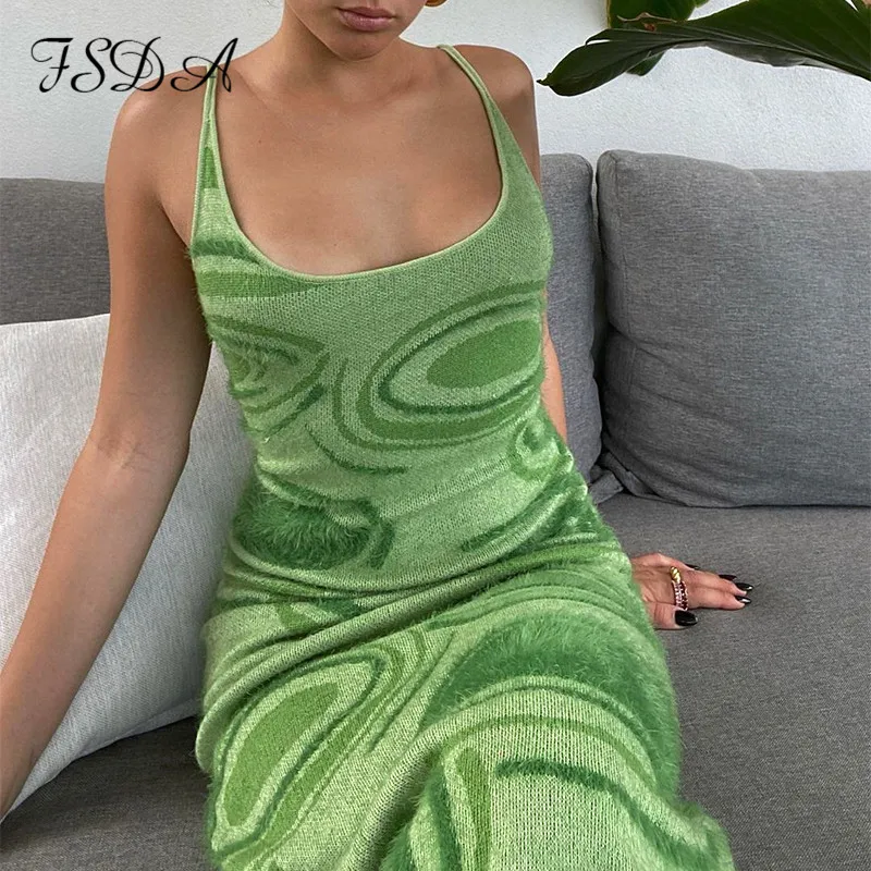 FSDA 2021 Print Knit Bodycon Dress Women Green Summer Hollow Out Sexy Sleeveless Spaghetti Strap Beach Midi Dresses Party 4