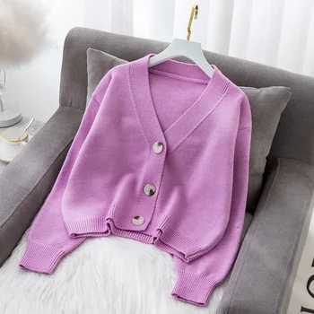 

Loose Short Button Up Sweater Women's Autumn V-neck High Waist Long Sleeve Girls Knitted Cardigan Multicolor Cute Sweet Knitwear