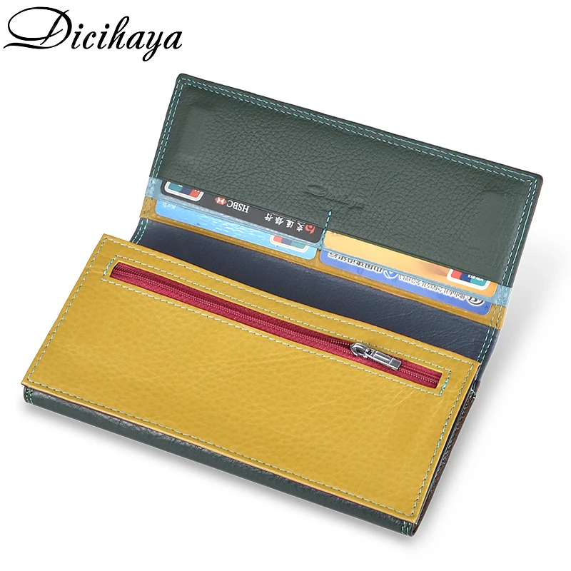 Goedkoop DICIHAYA Contrast Kleur Echt Leer Vrouwen Portemonnee Portemonnee Vrouwelijke Luxe Lederen Lange vrouwen Handtas Echt Lederen Zakje