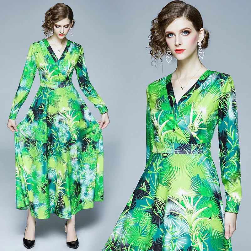 

Large Austrian WOMEN'S Dress Ozhouzhan New Style V-neck Long Sleeve Retro Printed Waist Hugging Dress Fashion
