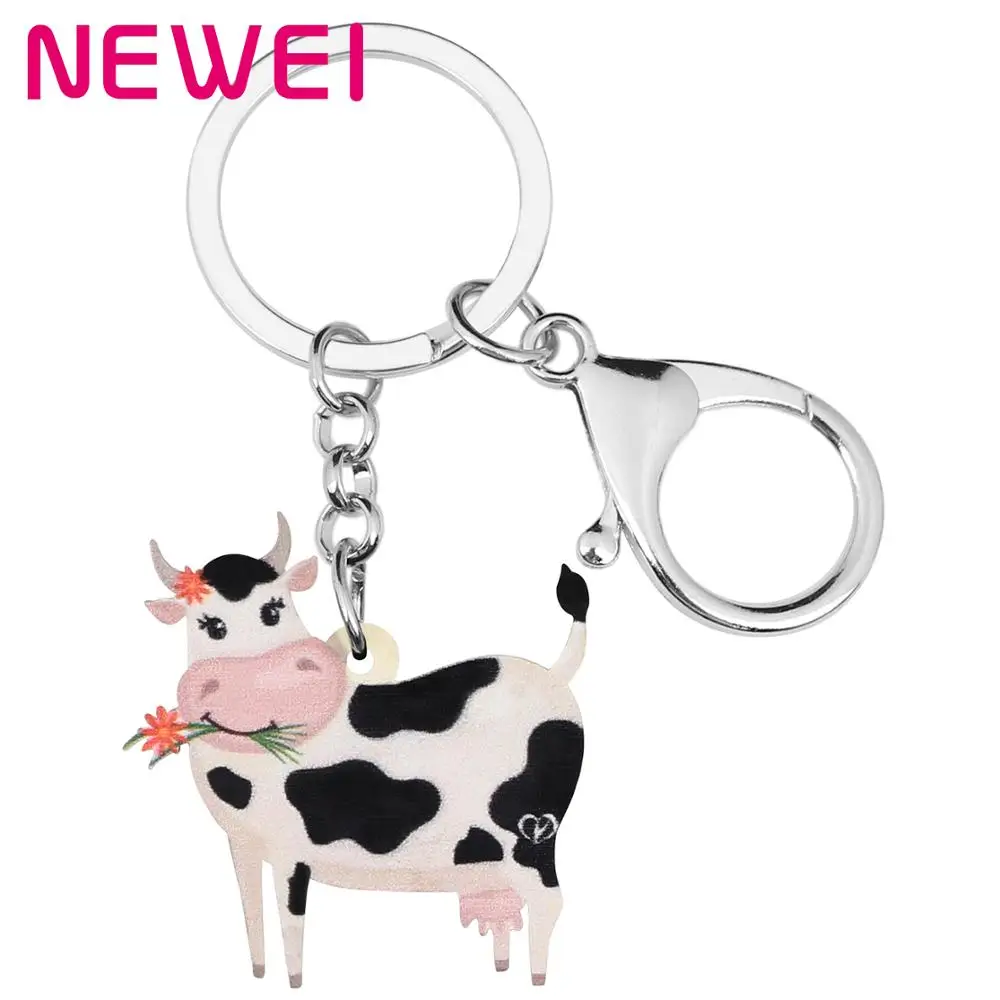 NEWEI Acrylic Flower Dairy Cattle Cow Key Chains Farm Animal Rings Bag Car Purse Decoration For Women Girls Teens Charm Gift | Украшения и