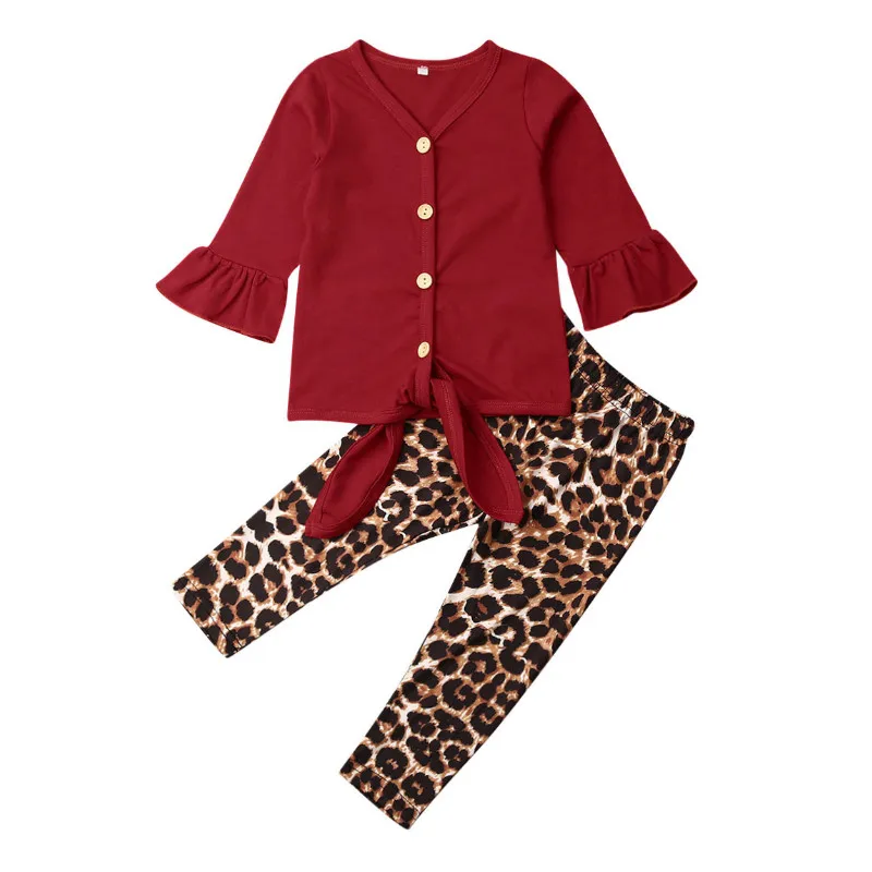 

Baby Girls Spring Autumn Leopard Outfits Long Sleeve Ruffles Button T-shirt+Pants Set Toddler Clothes Tracksuit