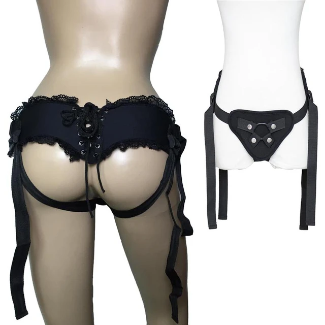 Women Sponge Padded Strap On Harness Underwear Jockstrap Brief Lace Trim  Thong Fetish Lingerie