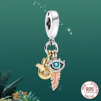 

925 silver charm Fatima hand evil eye and feather pendant charm fit original silver bracelet or necklace women jewelry