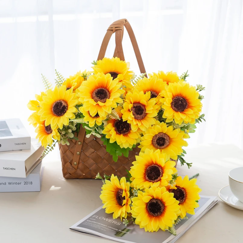 7 Head Artificial Flowers Silk Sunflower Scrapbook Mother's Day Gifts Wedding Christmas Decoration Vase for Home Outdoor Garden | Дом и