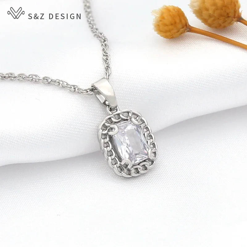 S&Z DESIGN New Cute Square Cubic Zirconia Dangle Earrings Jewelry Sets For Women Party Fashion Pendant Anti-allergy Necklace