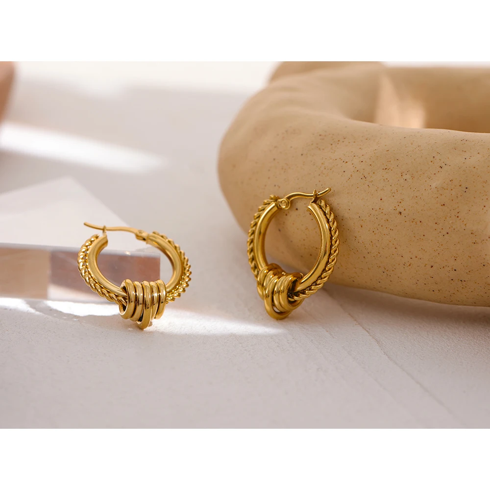 Round Unusual Jewelry Stylish Gold PVD Plated Twisted Huggie Earrings - Image 2